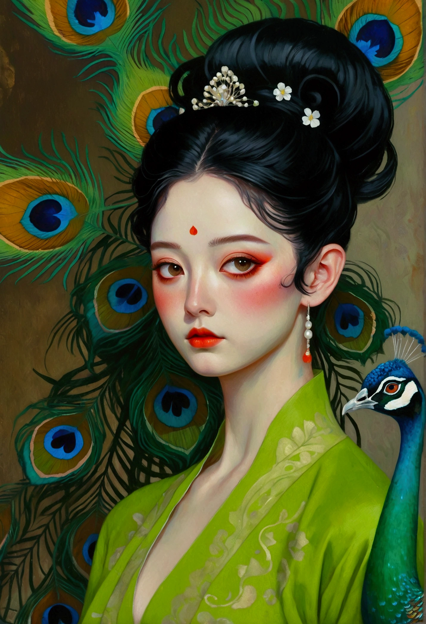 A woman in a green dress in the painting，A peacock perched on his shoulder, Tom Bagshaw Donato Giancora, Natalie Shaw Tom Bagshaw, Artgerm and Tom bAgshAw, Beautiful character painting, Artgerm Julie Bell Beeple, Chie Yoshii, Art Jam and James Jean, Art by Tom Bagsha, tom bagshaw style