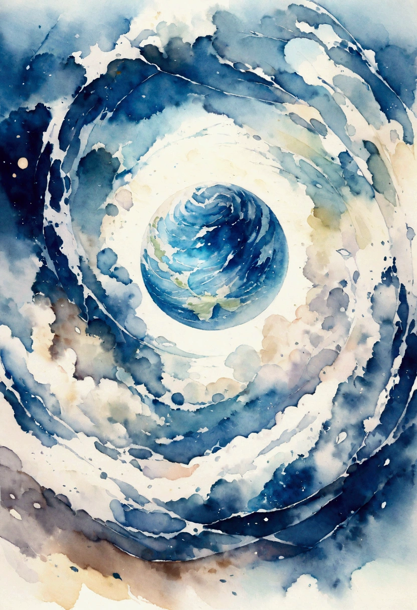A light blue planet in the middle of the universe. It is wrapped in wind. There are no people. Fantasy. Watercolor painting.