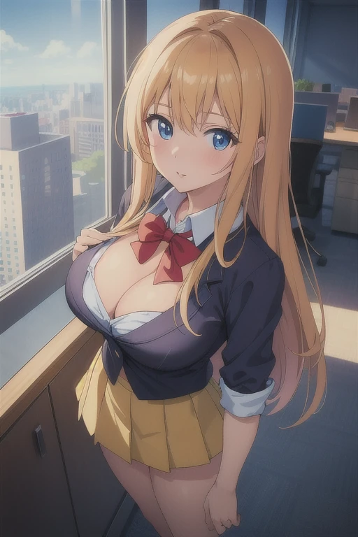 ((best quality)), ((masterpiece)), (detailed), anime girl in office uniform 25 years old, big breasts, neckline en un paisaje de una oficina lujosa, neckline, mini skirt, ((views)),((view from above))