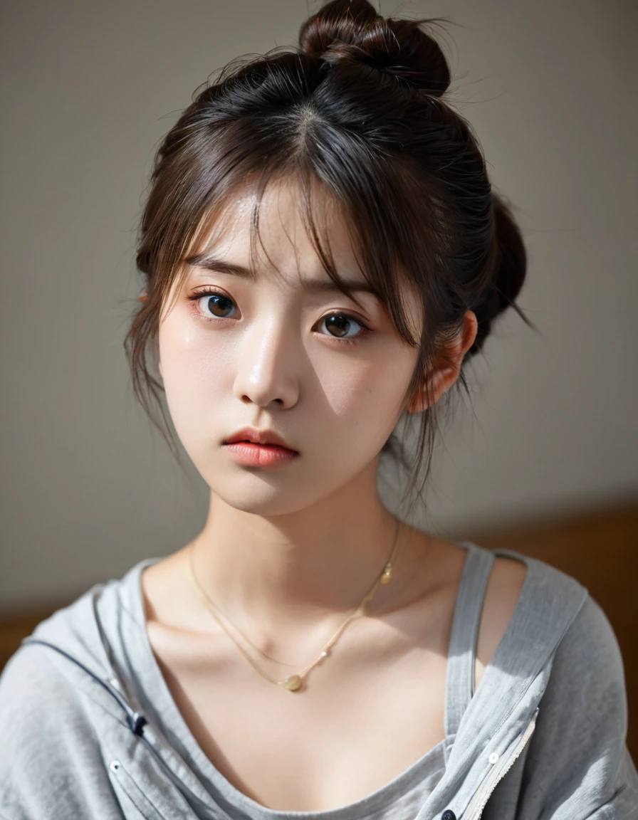 solo, High resolution, Gaze, Bun Hair, Half-up hairstyle, Bun Hair, Small breasts, Slanted Eyes, Brooding face, Expressionless, Empty look, Bad mood, One girl, 14 years old, small chest, single eyelids, small eyes, korean girl, casual clothes, Sanpaku eyes