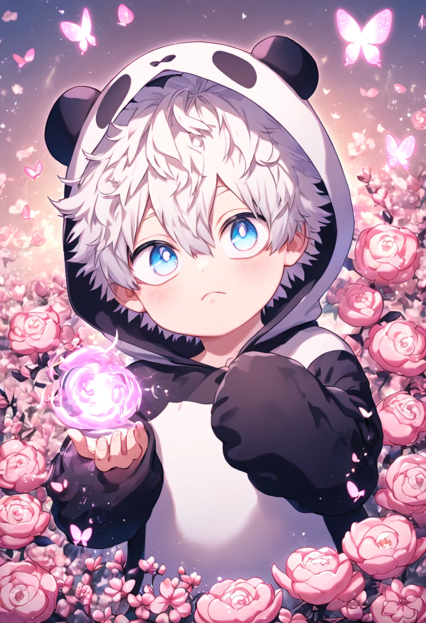 absurdres, highres, ultra detailed, HDR, master piece, best quality, extremely detailed face, delicated features, Gojo Satoru as a kid, white hair, messy hair, hair between the eyes, expressive blue eyes, white eyelashes, Boku No Hero Academia, solo, boy, cute, panda costume, blossoms, pink flowers, pink butterflies, fantasy, magic, radiant