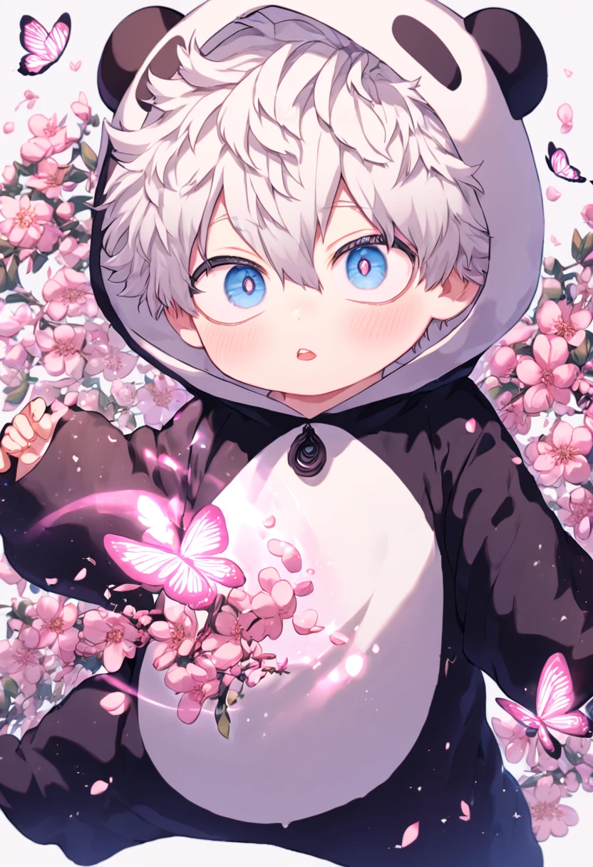 absurdres, highres, ultra detailed, HDR, master piece, best quality, extremely detailed face, delicated features, Gojo Satoru as , white hair, messy hair, hair between the eyes, expressive blue eyes, white eyelashes, Boku No Hero Academia, solo, boy, cute, panda costume, blossoms, pink flowers, pink butterflies, fantasy, magic, radiant