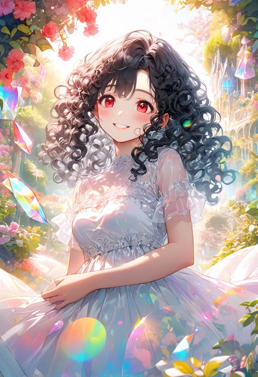 (Pastel color art style) (double exposure pastel color), (solo:2, 15 yo) (beautiful detailed curly:1.3) (beautiful pastel black hair long hair) (immensely beautiful girl) (detailed cute red eyes) (best smile) (medium tits), in a PAS color white princess dress with double exposure Prism Light, break, in the beautiful detailed garden, BREAK, perfect anatomy, masterpiece, best quality, 16k, beautiful detailed grow, daydreaming expression.