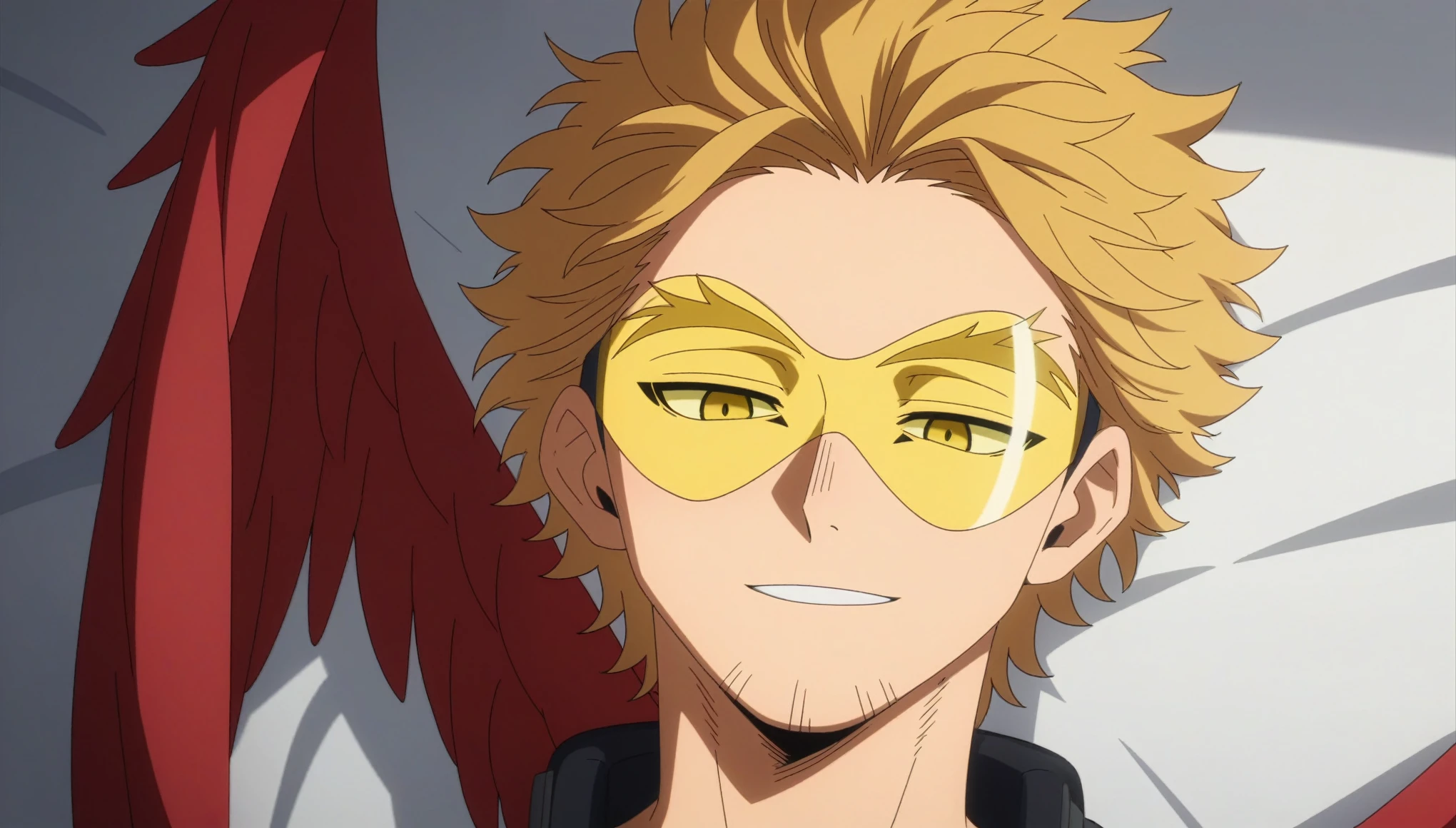 score_9, score_8_up, score_7_up, source_anime, rating_safe, intricate details, anime screencap, anime coloring, official style, , , 1boy, solo, male focus, keigo_takami, blonde hair, yellow eyes, medium hair, stubble, wings, feathered wings, red wings, tinted eyewear, headphones, facial mark, ,half lidded eyes,breath bubble,blush,looking down,smirk,eyebrow raise,shadow over eyes,laying on bed