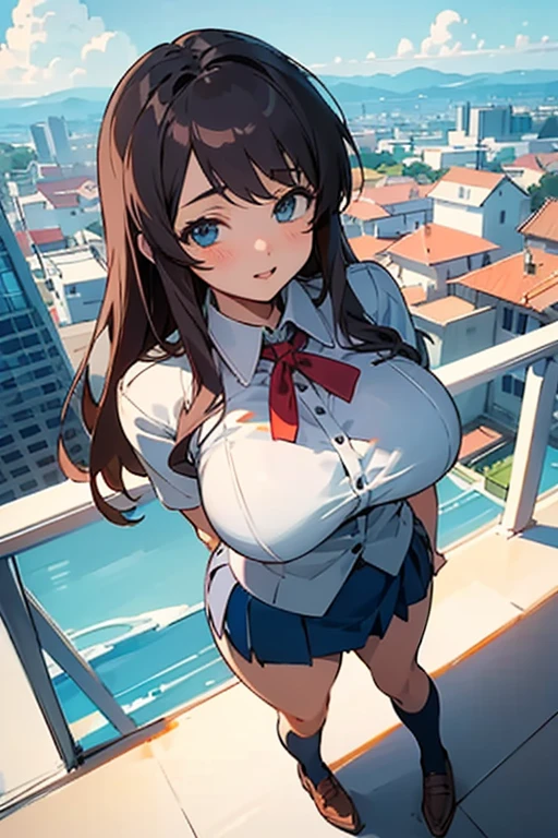 ((best quality)), ((masterpiece)), (detailed), anime girl in office uniform 25 years old, big breasts, neckline en un paisaje de una oficina lujosa, neckline, mini skirt, ((views)),((view from above))