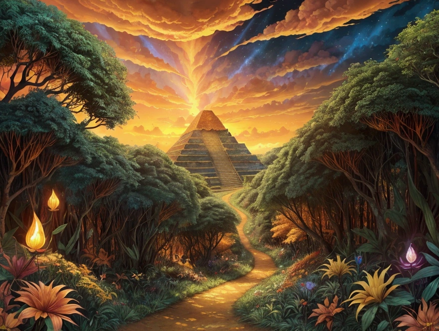 A stunning colorful Alice in Wonderland-like background. The sky is very dynamic and glowing with dramatic, fiery, detailed clouds in shades of orange and yellow, casting a warm glow over the lush, colorful jungle foliage. A winding path leads through the wildflower field towards a Mayan pyramid, creating a serene and inviting atmosphere. anime, 4k, crystal clear.