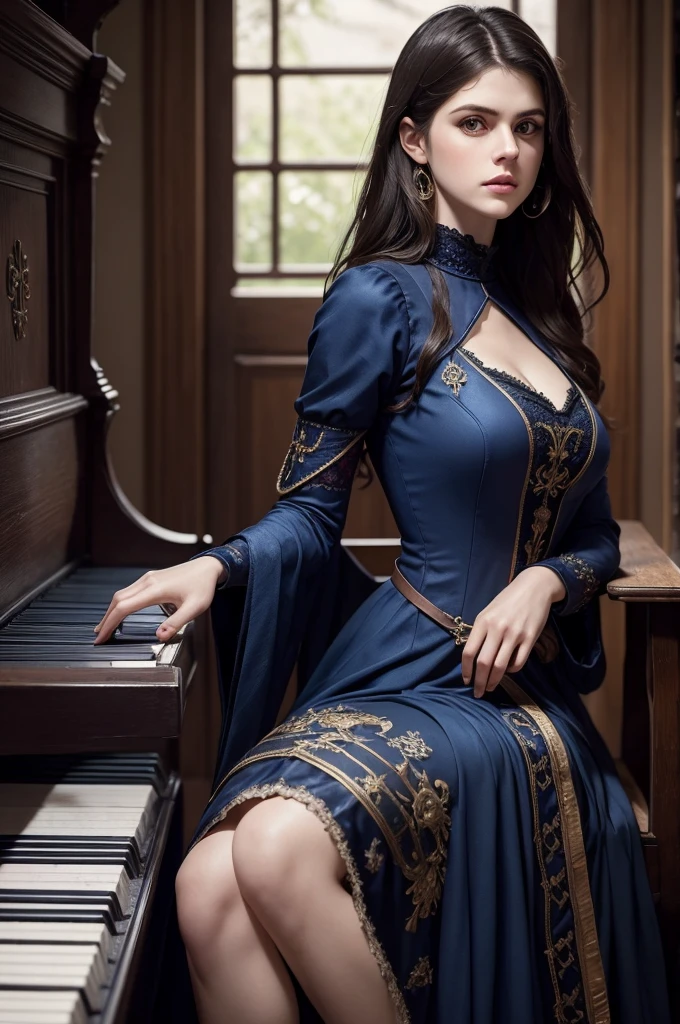 Create Alexandra Daddario with 1 beautiful dark blue medieval dress, playing 1 old piano