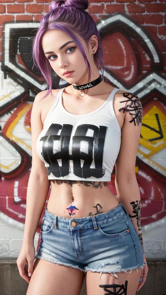 Masterpiece, best quality, teenage girl, beautiful face, White singlet, Jeans shorts, choker, (brand graffiti: 1.5), Arms behind the back, looking at the viewer., armband, thigh strap, tilt your head, bored, colorful hair bun, Brick wall, Very beautiful and elegant,very detailed eyes, Fine texture, Detailed fabric, Beautifully detailed face, complicated details, Special details, 3d, 30k, movie theater light, Stunning light, shallow depth of light, Beautiful clothing details, Highly detailed, UDR, Sharp focus, Physics-based rendering