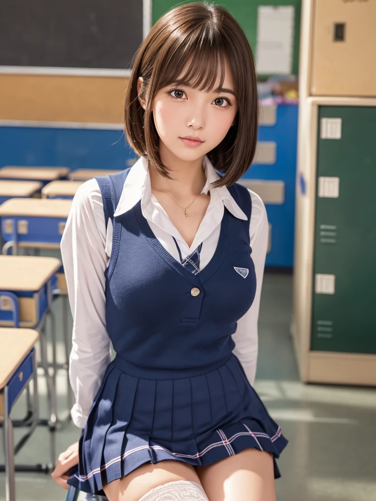 masterpiece,Highest quality,Very detailed,High resolution,(Realistic, photoRealistic:1.37),Excellent anatomy, One beautiful woman,20-year-old,height: 152 cm,high school girl,Crying a little,Idol Sculpture, high school girlの,blazer,(shape),Checkered Pleated Micro Mini Skirt,Navy blue knee-high socks,garter belt,Huge,Disheveled uniform,((Very delicate and beautiful)),((High school classroom:1.5)),((locker room:1.2)),((Schoolyard:1.2)),Brown Hair,Long Bob Hair,bangs,Very beautiful face,Cute type,Big Natural Color Lip,Small and cute nose,Big and pretty eyes,Brown eyes,Obvious double,Shiny highlight spots around the eyes,Character Focus,Tilt your head,The best light,Best Shadow,mysterious,Perfect Face,Very detailed, Soft Skin,(Glowing Skin,Sweaty:1.3),Beautiful legs,Voluptuous thighs,Plump body,Hugeな胸,(Expresses the roundness and softness of the chest area..........1), Beautiful body,(Perfect Woman),Bold sexy pose,Idol Sculptureのポーズ