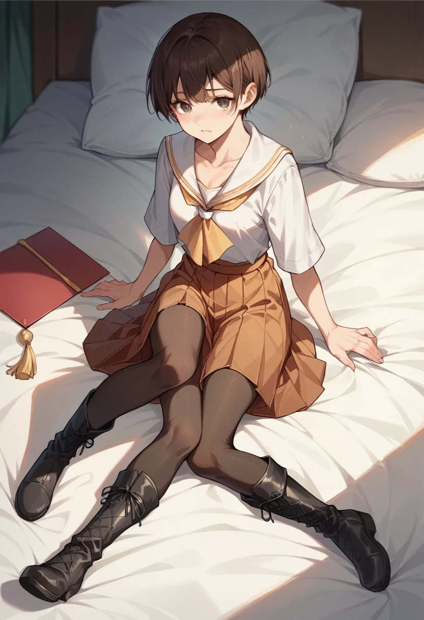 masterpiece, Highest quality, High resolution, One Girl, alone, short hair, Brown Hair, Brown eyes, chest, Bedroom、((Graduation Hakama))、((pantyhose))、(boots)、