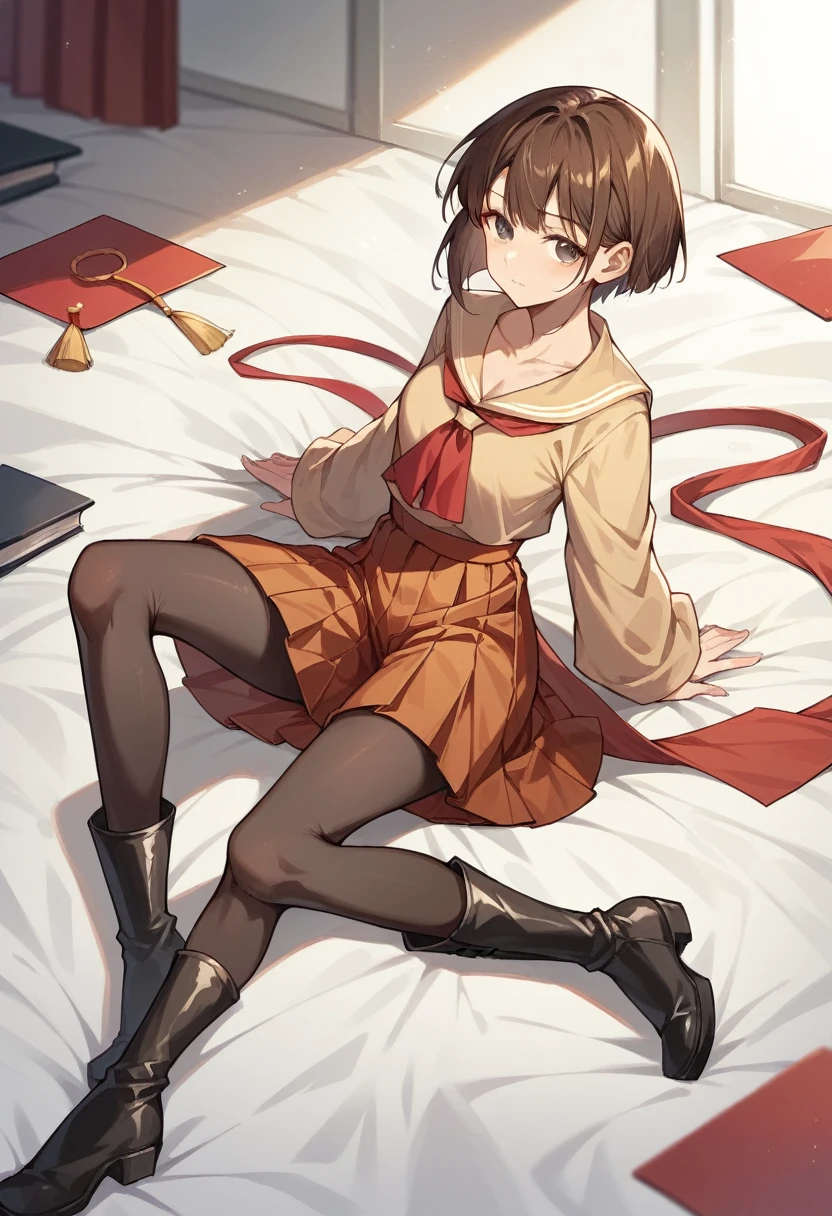 A female robot is sleeping in the bedroom, Spread your legs, nude, Banzai pose. She is not wearing a dress. Her short brown hair is tied with two large red clothespins, She lifts the hem of her plain white dress, Lean on, masterpiece, Very short pigtails,Brown Hair, mature, Android, blue eyes, whole body像, height: 160cm, Blushed, 2020s anime images, A beautiful robot with short Brown Hair in two short pigtails held up by two very large huge red clothespins, boost mood, Browsing Caution, whole body, barefoot, Old-fashioned smile, Get an orgasm, Age 25, Sweat bucket. 