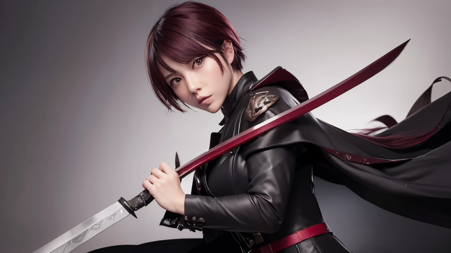 Female swordsman with a sword、Black jacket、Black tight pants、Wine red vest、Black Cutter Shirt、Wine red tie、Wine red, slightly short hair、White background、There is a rose on the dress