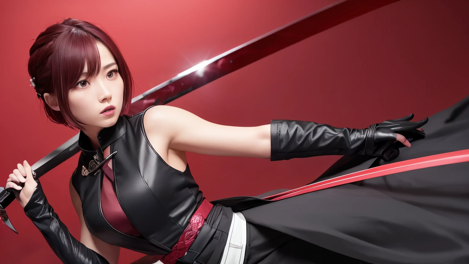 Female swordsman with a sword、Black jacket、Black tight pants、Wine red vest、Black Cutter Shirt、Wine red tie、Wine red, slightly short hair、White background、There is a rose on the dress