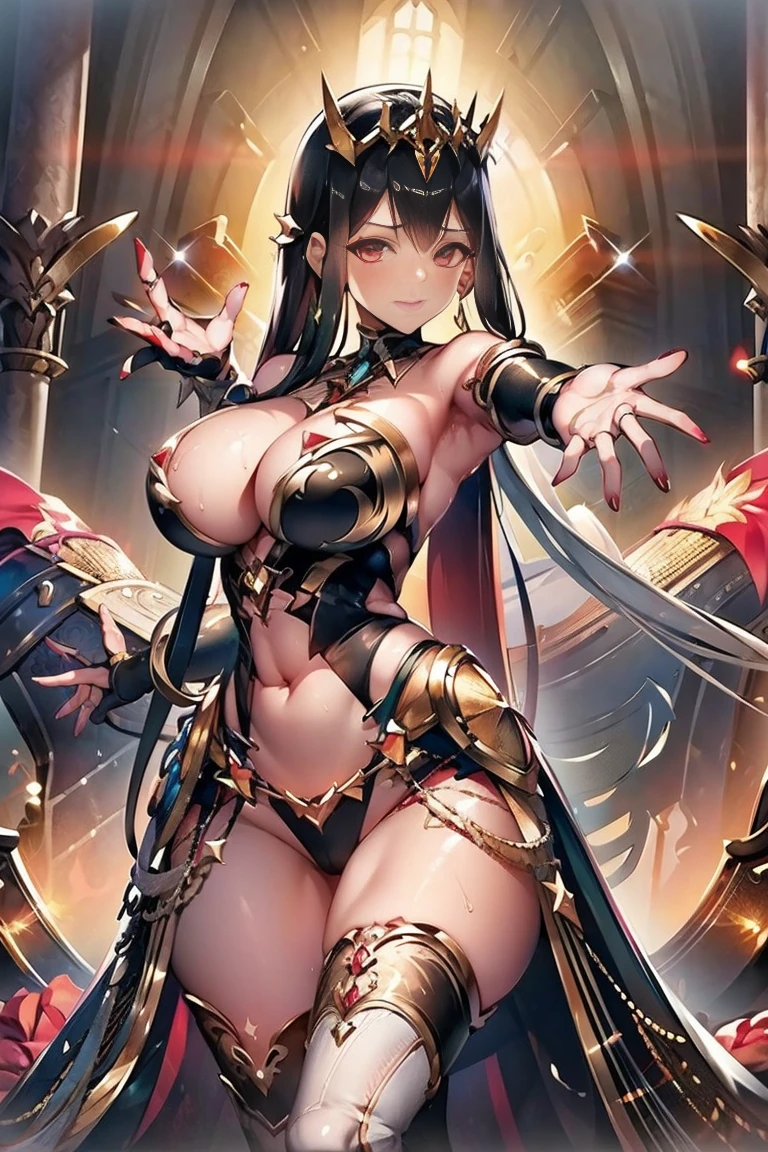 (((reaching, reaching out, outstretched hands, out stretched fingers, outstretched fingers))) black hair, bare shoulder, red eyes, very long hair, cleavage, large breasts, dress, showgirl skirt, high-leg, cleavage cutout, tiara, bare thighs, gauntlets, bare shoulder, bare nails, bare fingers, bare hands, good hands, best hands, Correctly aligned fingers, extremely detailed hands and fingers, ultra detailed hands and fingers, super detailed hands and fingers, perfect female hands and fingers, biologically accurate hands and fingers, 4 fingers and 1thumb accurate hands and fingers, beautiful hands and fingers, hands and fingers drawing, human hand and fingers, perfect arrangement of fingers, detail focus hands, perfection hands, better hands, adult face, fearless face, both arms, two arms, both hands, two hands, super fine illustration, masterpiece, masterwork, by famous artist, official art, ultra high res, best quality, high quality, Hand, detailed, perfect, perfection , hands, both hands is Thumb and index finger and middle finger and ring finger and little finger, symmetrical hands, even hands, panties, thighhighs, symmetrical bangs, gleaming skin, oil skin, shiny skin, wet skin, sweat, rouge, exquisite, beautiful,cg unity 8k wall paper, perfect face, ultra detailed beautiful face, perfect nose, perfect mouth, clear eyes, light eyes, perfect eyes, symmetrical eyes, even eyes, 16k, absurdres, perfect body, perfect anatomy, perfect proportion, perfect arms, perfect torso,