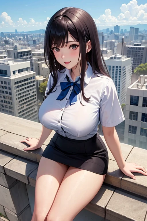 ((best quality)), ((masterpiece)), (detailed), anime girl in office uniform 25 years old, big breasts, neckline en un paisaje de una oficina lujosa, neckline, mini skirt, ((views)),((view from above))