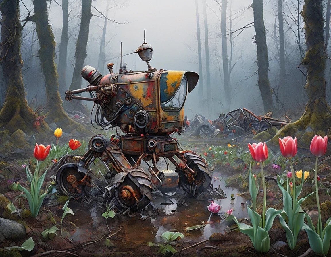 masterpiece, Highest quality, ((Beautiful and detailed))、A decaying robot and a small tulip field、forest、Fallen、completely broken、(Broken gardening equipment)、