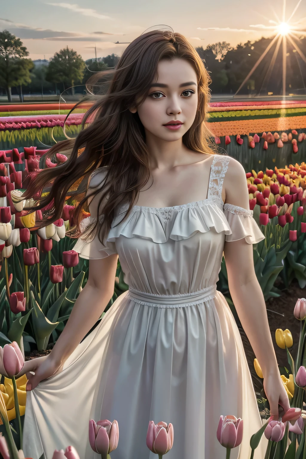 (best quality:1.2), (Photorealistic style, extreme detail,8K resolution,perfect color grading), (HDR lighting,maximum detail and depth), (High-definition face drawing), (1girl), (Lighting that makes people look beautiful), (A field of tulips that makes you feel the arrival of spring:1.3), (A dress that boldly incorporates the silhouette of tulips:1.3), (The dress has a flowing silhouette and is made of light chiffon or organza material, giving it a look that sways in the wind. The colors reflect the vibrant reds, yellows, and purples of tulips, and the entire garment is decorated with tulip petals at the waist. An elegant piece that evokes the beauty of nature:1.3), blonde hair