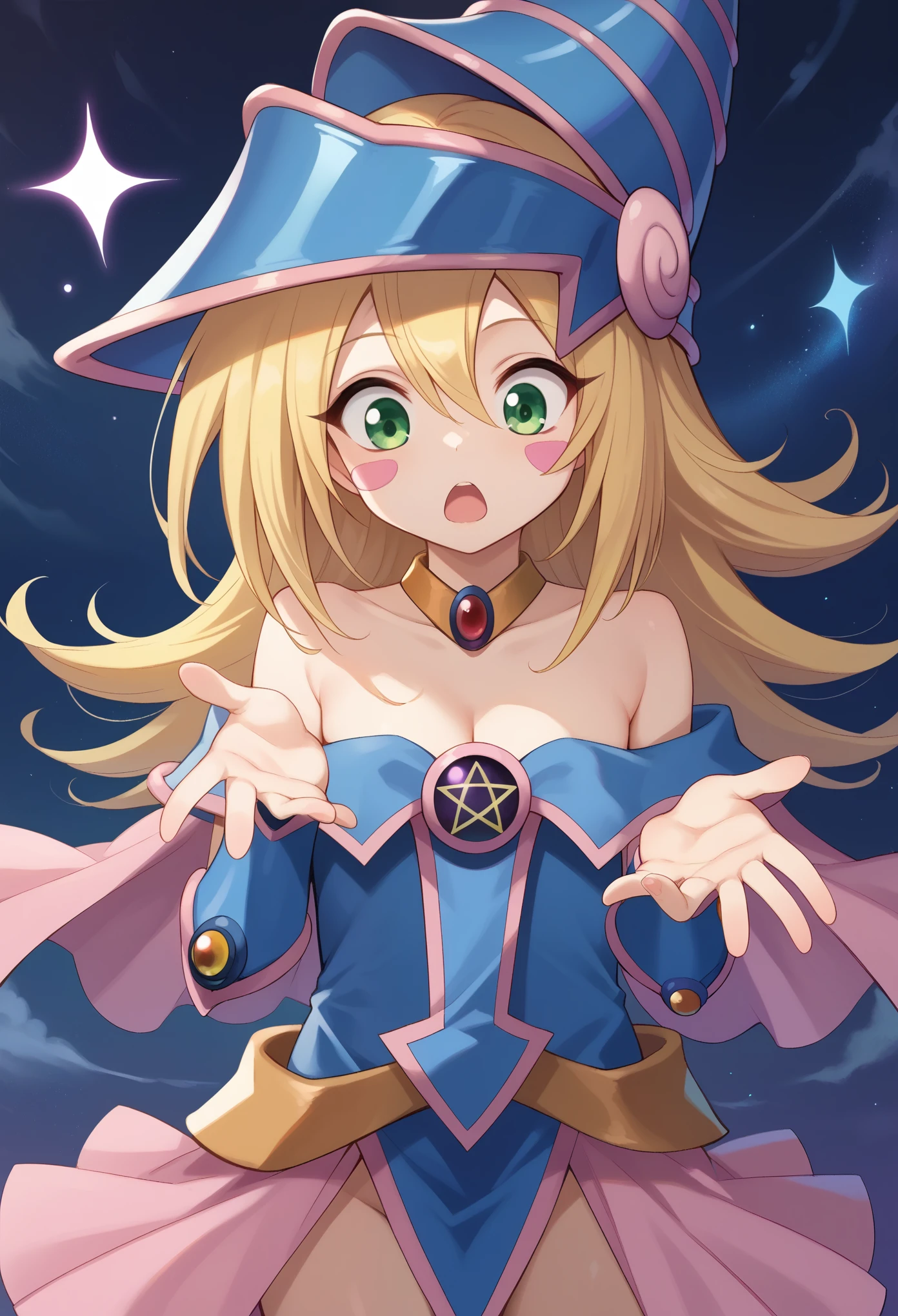 score_9, score_8_up, score_7_up, 1girl, solo, (kid:1.5),  flat chest, dark_magician_girl,blonde_hair,duel_monster,1girl,long_hair,green_eyes,bare_shoulders,wizard_hat,, no cane, cleavage,hair_between_eyes, standing, surprised face, open mouth, opened hands, looking down, fantasy, galaxy,
