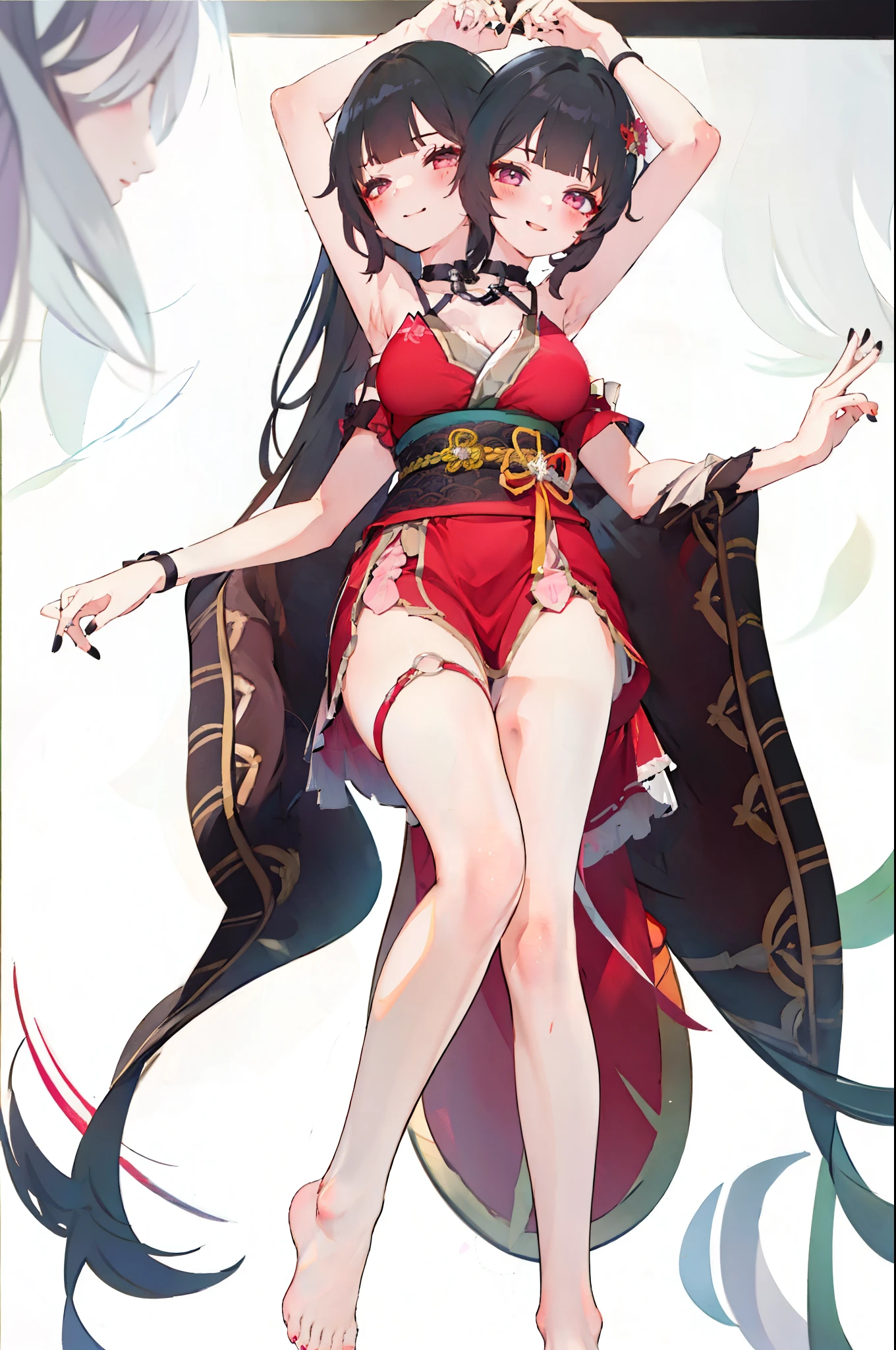 (2 heads:1.3), 1 girl, Sparks \(Honkai: Star Rail\), Twintail, hair accessories, alone, Off shoulder kimono, black nails, Mask on the head, arms separated,Legs split, choker, heart, Single gloves, Wristband, Cross Halter, thigh strap, Blush, sit, from below, Focus on feet, Cross your legs., cross your legs, look at viewer, Barefoot, suffocate, ecstasy, smileที่เย้ายวนใจ, bedroom, sofa,Masterpiece, illustration, beautiful, 4K, 8ก,DSLR Photos, (8ก, 4K, Masterpiece),(Masterpiece, best quality), best resolution, (3 heads:1.5),Arms separated,arm circle, (Put your hands on your head...), (lower hand on ankle), (lower hand on leg), Full content in the frame, full body view, (four arms),(Multi-arm),(many hands), รูปร่างเพรียวบาง Masterpiece,best quality,best resolution,1 woman,many heads, upper body, smile, Facing the audience,big breasts,simple background,หน้าbeautiful,ผมbeautiful,ดวงตาbeautiful,ร่างกายที่beautifulงาม,มือbeautiful,conjoined twins