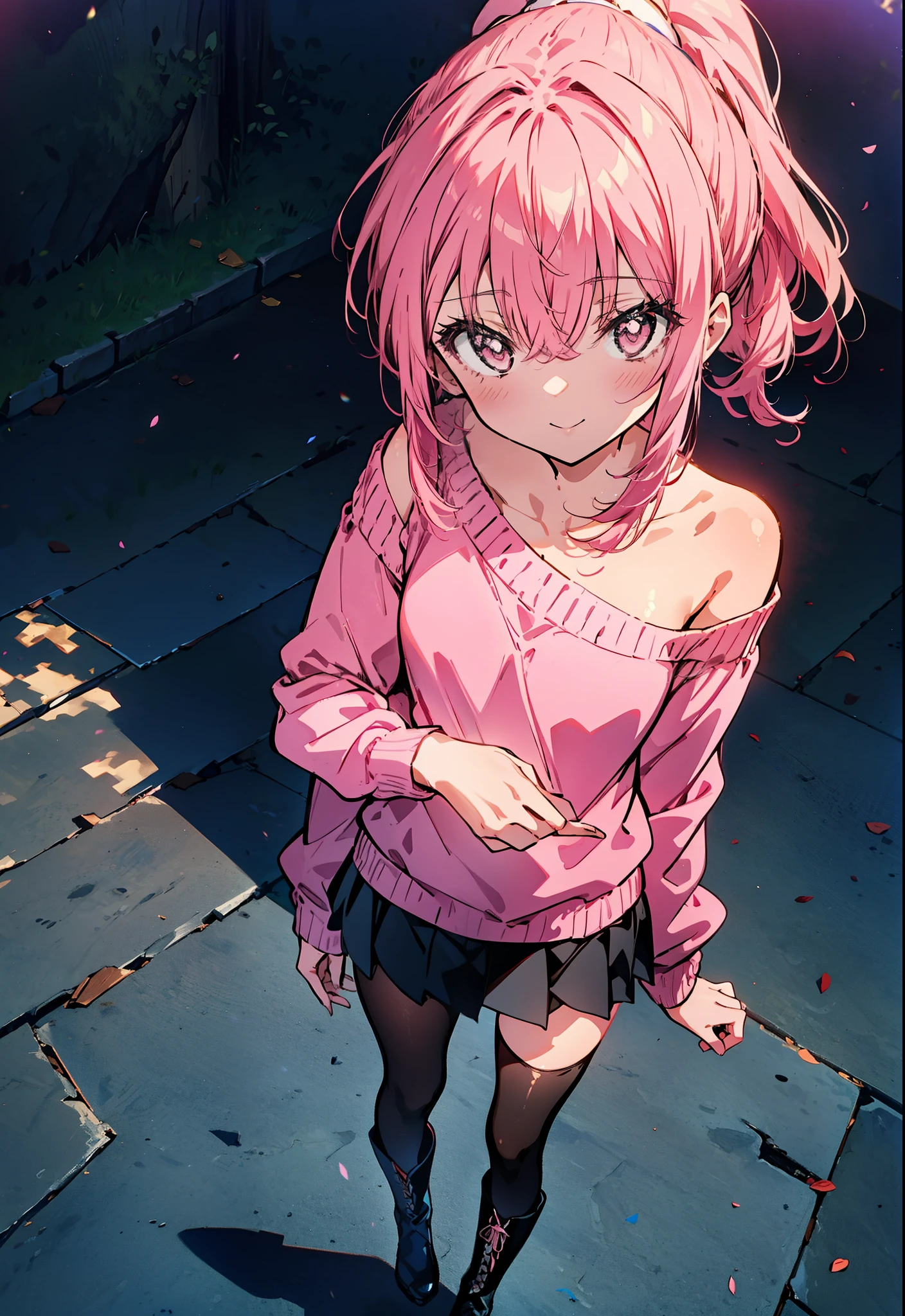 Louise Françoise Lebrun of La Vététière,Pink Hair,Pink Eyes,Long Hair,smile,ponytail,One-shoulder sweater,mini skirt,Black tights,short boots,Walking,Daytime,Clear skies,　　　　　　　　　　　　　　  　　　　　break looking at viewer, whole body,   　　　　　
break outdoors, In town,
break (masterpiece:1.2), Highest quality, High resolution, unity 8k wallpaper, (shape:0.8), (Beautiful attention to detail:1.6), Highly detailed face, Perfect lighting, Highly detailed CG, (Perfect hands, Perfect Anatomy),