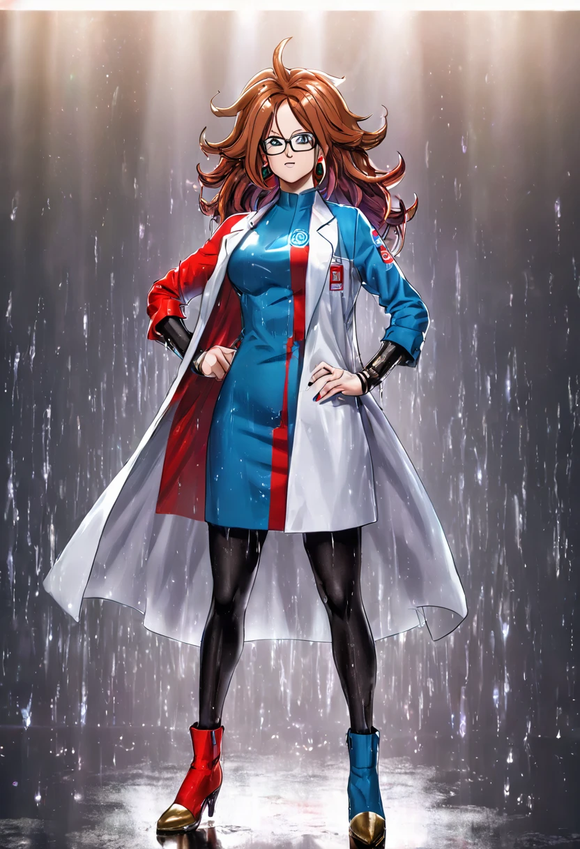 woman, android 21, human, long hair, blue eyes, brown hair, hair between eyes, earclip, hoop earrings, nail polish, glasses, labcoat, a21 dress, black pantyhose, a21 boots, logo print, standing, (wetting herself:1.5), best quality, ultra-detailed, HDR, studio lighting, professional, vivid colors, sharp focus, bokeh, landscape, soft lighting, dynamic shadows, (embarrassed:1.5), (humiliation:1.5), (blushing:1.5), (wavy mouth:1.75), (smile:1.5), nervous, (nervous smile:2.0), (sweating:2.0), facing viewer, (hands on hips:2.0)