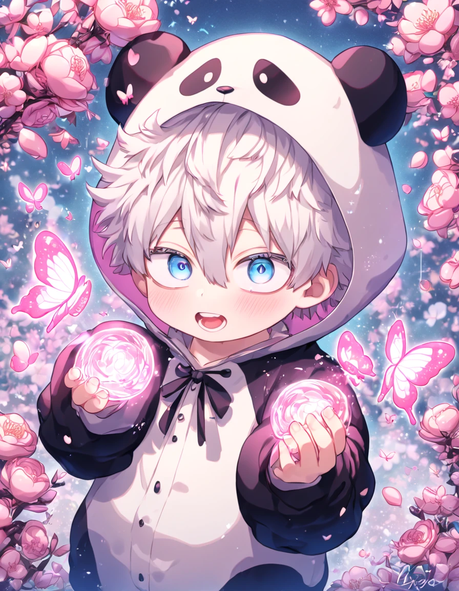 absurdres, highres, ultra detailed, HDR, master piece, best quality, extremely detailed face, delicated features, Gojo Satoru as , white hair, messy hair, hair between the eyes, expressive blue eyes, white eyelashes, Boku No Hero Academia, solo, boy, cute, panda costume, blossoms, pink flowers, pink butterflies, fantasy, magic, radiant