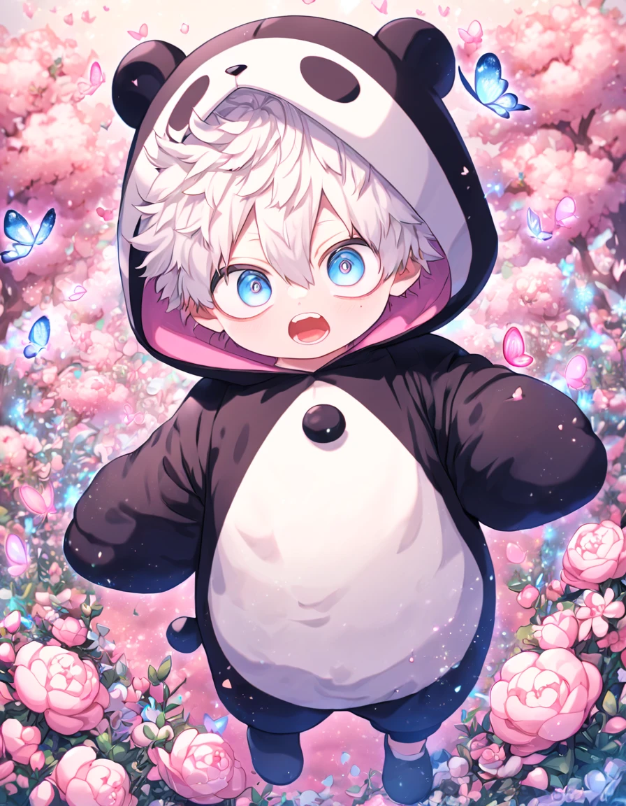 absurdres, highres, ultra detailed, HDR, master piece, best quality, extremely detailed face, delicated features, Gojo Satoru as a kid, white hair, messy hair, hair between the eyes, expressive blue eyes, white eyelashes, Boku No Hero Academia, solo, boy, cute, panda costume, blossoms, pink flowers, pink butterflies, fantasy, magic, radiant