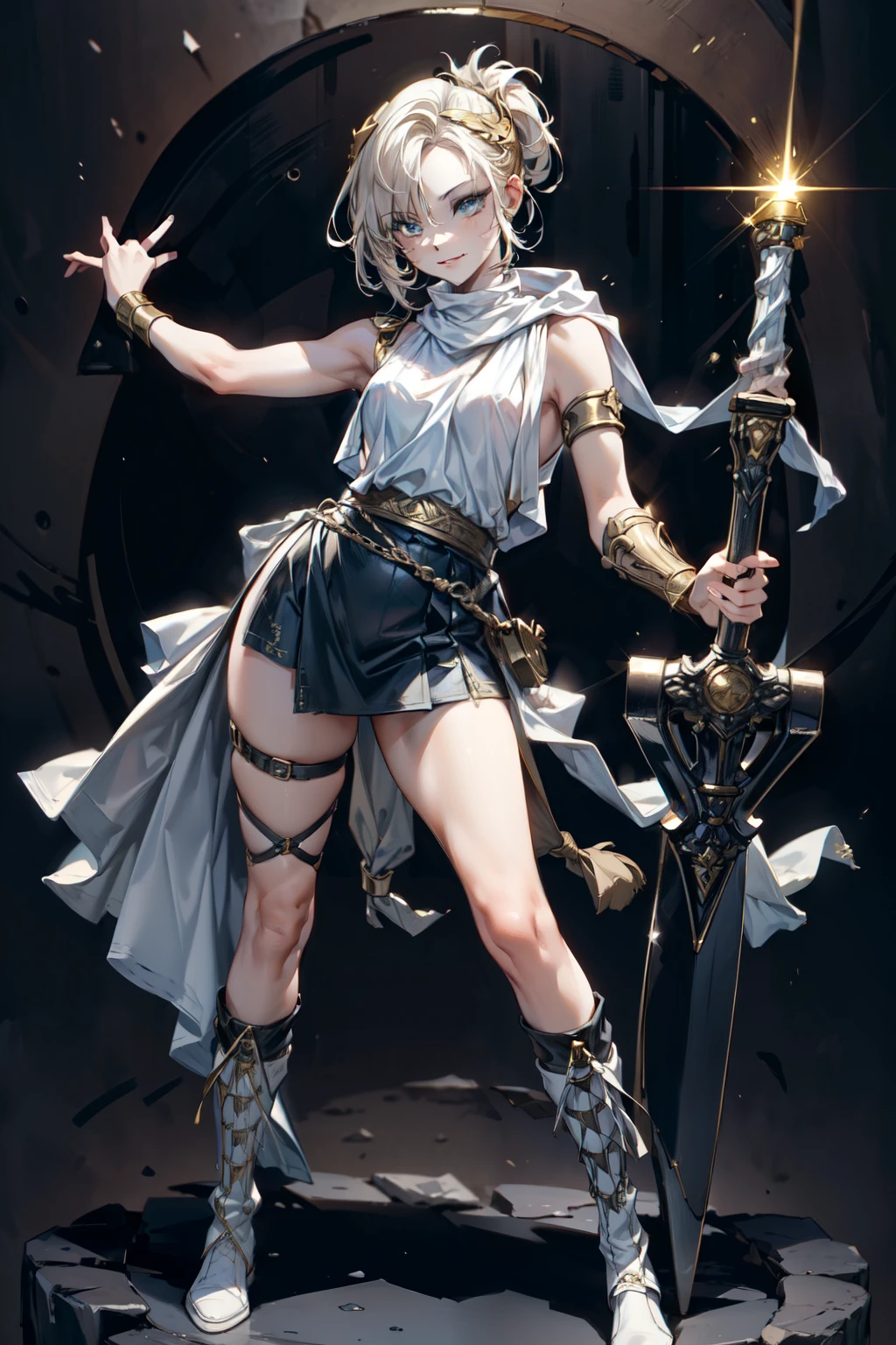 (masterpiece, best quality:1.2), perfect eyes, perfect face, ultra detailed face , strong make up, highres, 1 girl, solo, make up, (female:1.5),satin, white anciente greek clothes, sleeveless turtleneck, bracer, evil smile, standing, portrait, looking at viewer, giant sword on the back, long leather boots, fullbody shot