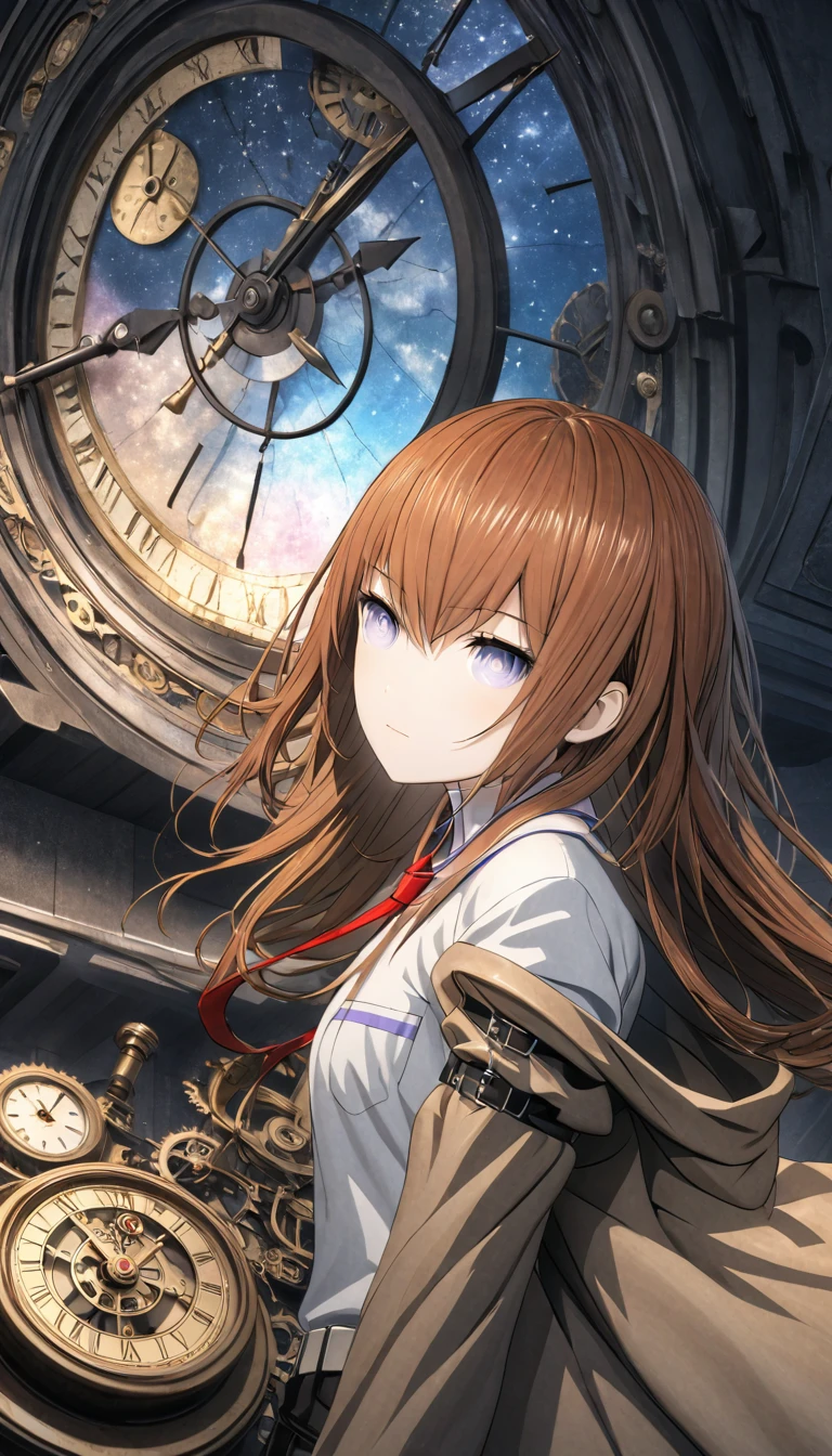 One girl, makise kurisu, Stein;Gate,3D Rendering, CG, , Portraiture, Half Shot, look up, Detailed Background, Detailed face, Dystopia [Futuristic|timeless], Impossible space, Circular pattern, (Style - Swirl Magic:1.0), hourglass, clockwork, Clock Gears, Outer space background, Magnificent atmosphere