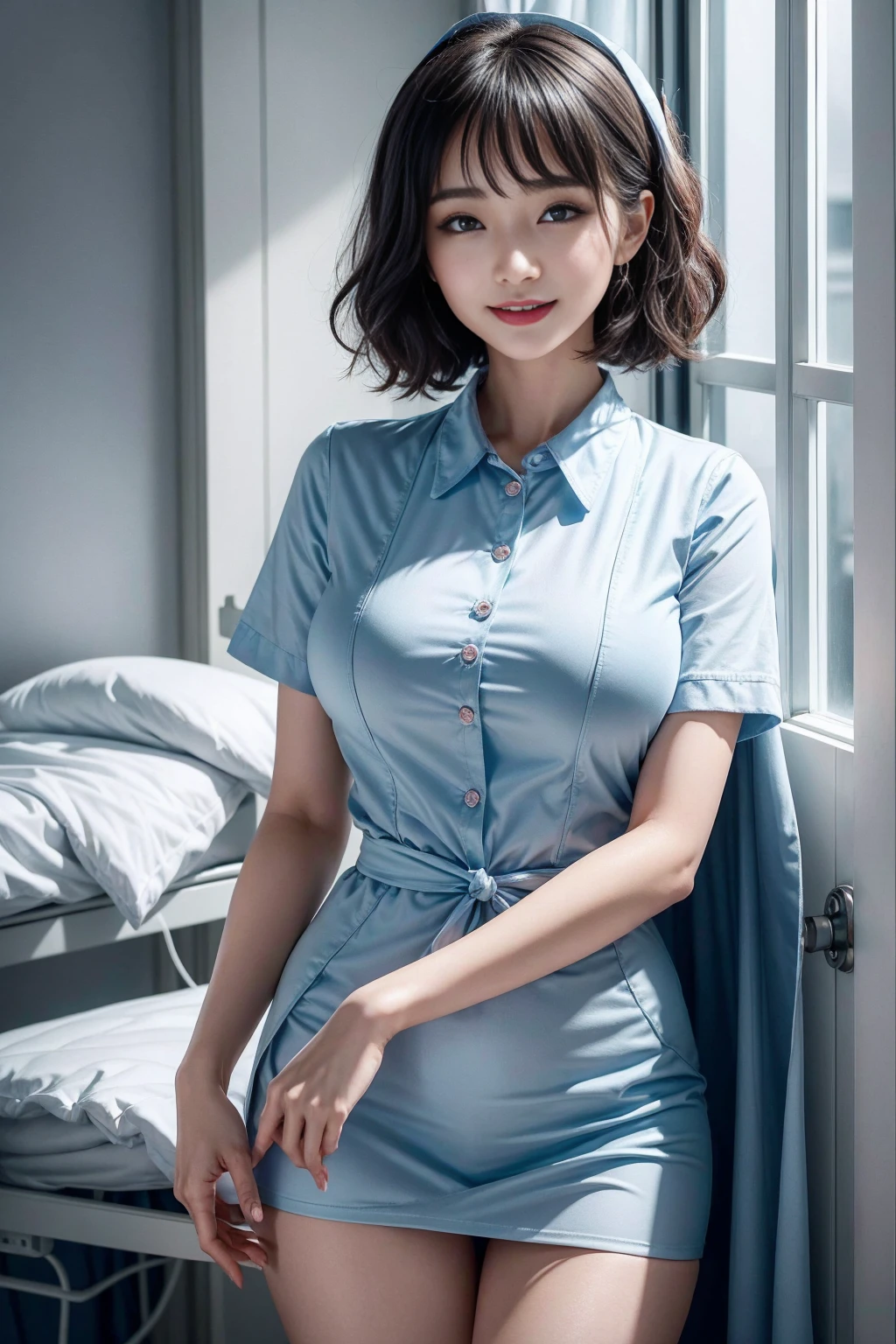(3 终极美女Nurse)、{{{masterpiece}}}, {Oh oh oh, Oh, really:1.2}, best quality, Official Art, Highly detailed CG Unity 8k wallpaper, Very rich facial details、Delicate lips、Delicate eyes、Double eyelids、((Black curly bob))、(Nurse:1.3)、(Attractive figure)、(huge)、((Open mouth smile: 1.8, Lovely smile: 1.8)), solo, Short hair details, Energetic smile, blue eyes,With eyes_Tokar, {Beautiful detailed gradient eyes}, Red lips,thigh, thigh, thigh, Perfect fit, 完美的图像Reality, (Hospital Ward:1.2), Cow Boy Shooting, Detailed background, 戴Nurse帽,穿Nurse服,Perfect lighting、Surreal、(Reality:1.4)、8K maximum resolution, (masterpiece),