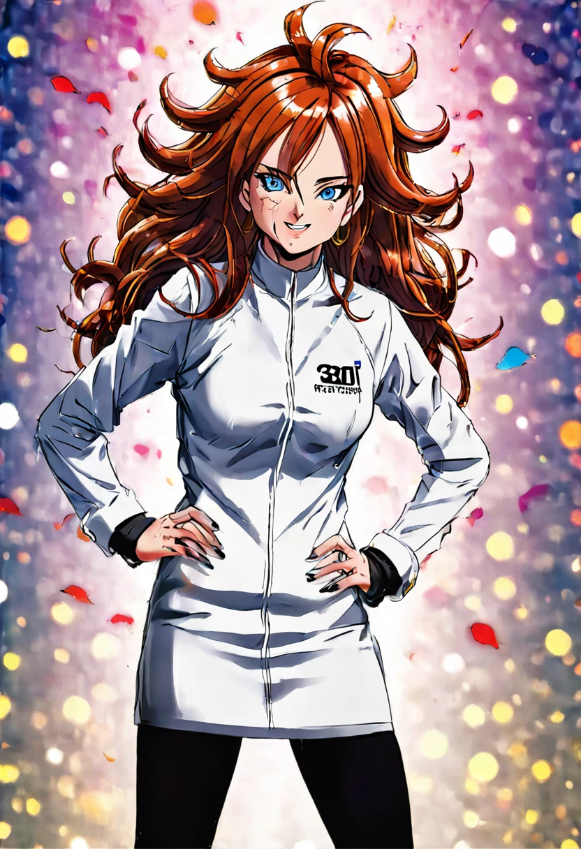 woman, android 21, human, long hair, blue eyes, brown hair, hair between eyes, earclip, hoop earrings, nail polish, glasses, labcoat, a21 dress, black pantyhose, a21 boots, logo print, standing, (wetting herself:1.5), best quality, ultra-detailed, HDR, studio lighting, professional, vivid colors, sharp focus, bokeh, landscape, soft lighting, dynamic shadows, (embarrassed:1.5), (humiliation:1.5), (blushing:1.5), (wavy mouth:1.75), (smile:1.5), nervous, (nervous smile:2.0), (sweating:2.0), facing viewer, (hands on hips:2.0)