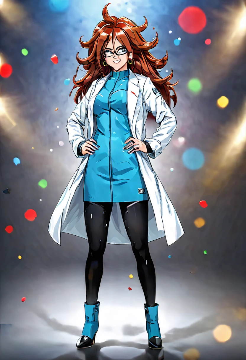 woman, android 21, human, long hair, blue eyes, brown hair, hair between eyes, earclip, hoop earrings, nail polish, glasses, labcoat, a21 dress, black pantyhose, a21 boots, logo print, standing, (wetting herself:1.5), best quality, ultra-detailed, HDR, studio lighting, professional, vivid colors, sharp focus, bokeh, landscape, soft lighting, dynamic shadows, (embarrassed:1.5), (humiliation:1.5), (blushing:1.5), (wavy mouth:1.75), (smile:1.5), nervous, (nervous smile:2.0), (sweating:2.0), facing viewer, (hands on hips:2.0)