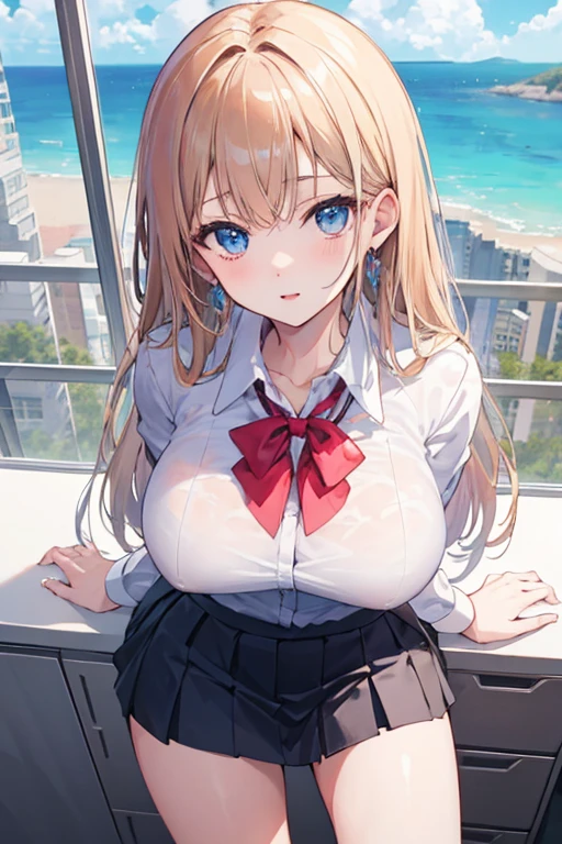 ((best quality)), ((masterpiece)), (detailed), anime girl in office uniform 25 years old, big breasts, neckline en un paisaje de una oficina lujosa, neckline, mini skirt, ((views)),((view from above))