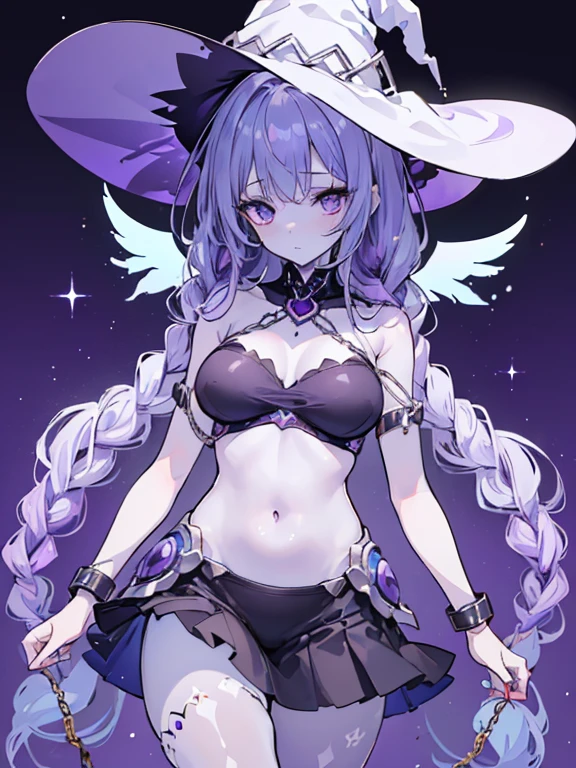 ((best quality)), ((masterpiece)), (detailed), 1girl, witch hat, (((gradient skin on arms))), ((purple hands)), pale white skin, twin braids, two tone hair, (((large shackles on wrist))), navel, grey pantyhose, straps, will-o-wisps