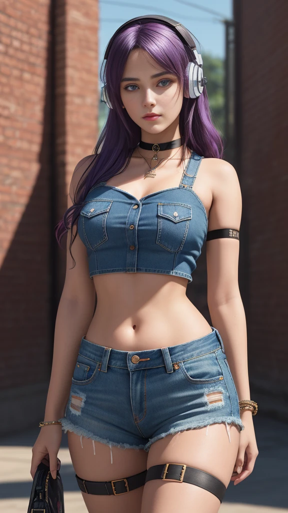 Masterpiece, best quality, teenage girl, beautiful face, crop top, Denim shorts, choker, brand graffiti, arms behind back, , look at viewer, armband, thigh strap, , tilt your head, bored, colorful hair, tear, Wear headphones, Brick wall, Very beautiful and elegant,very detailed eyes, Fine texture, Detailed fabric, Beautifully detailed face, complicated details, Special details, 3d, 30k, movie theater light, Stunning light, shallow depth of light, Beautiful clothing details, Highly detailed, UDR, Sharp focus, Physics-based rendering
