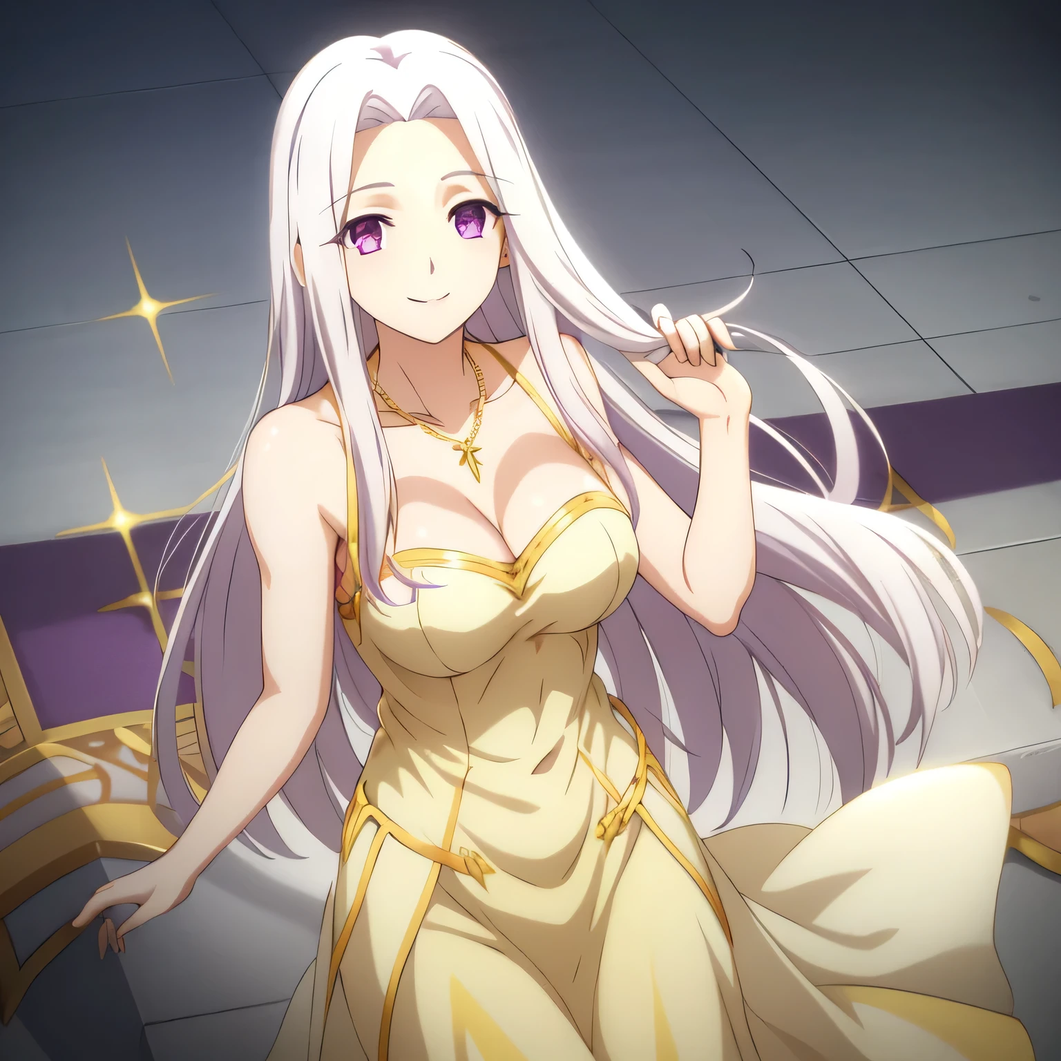 Irisviel,purple with golden dress sleeveless,solo,looking at viewer,beautiful smile,arm at side,middle size of breast,beautiful necklace,hands up with smile,