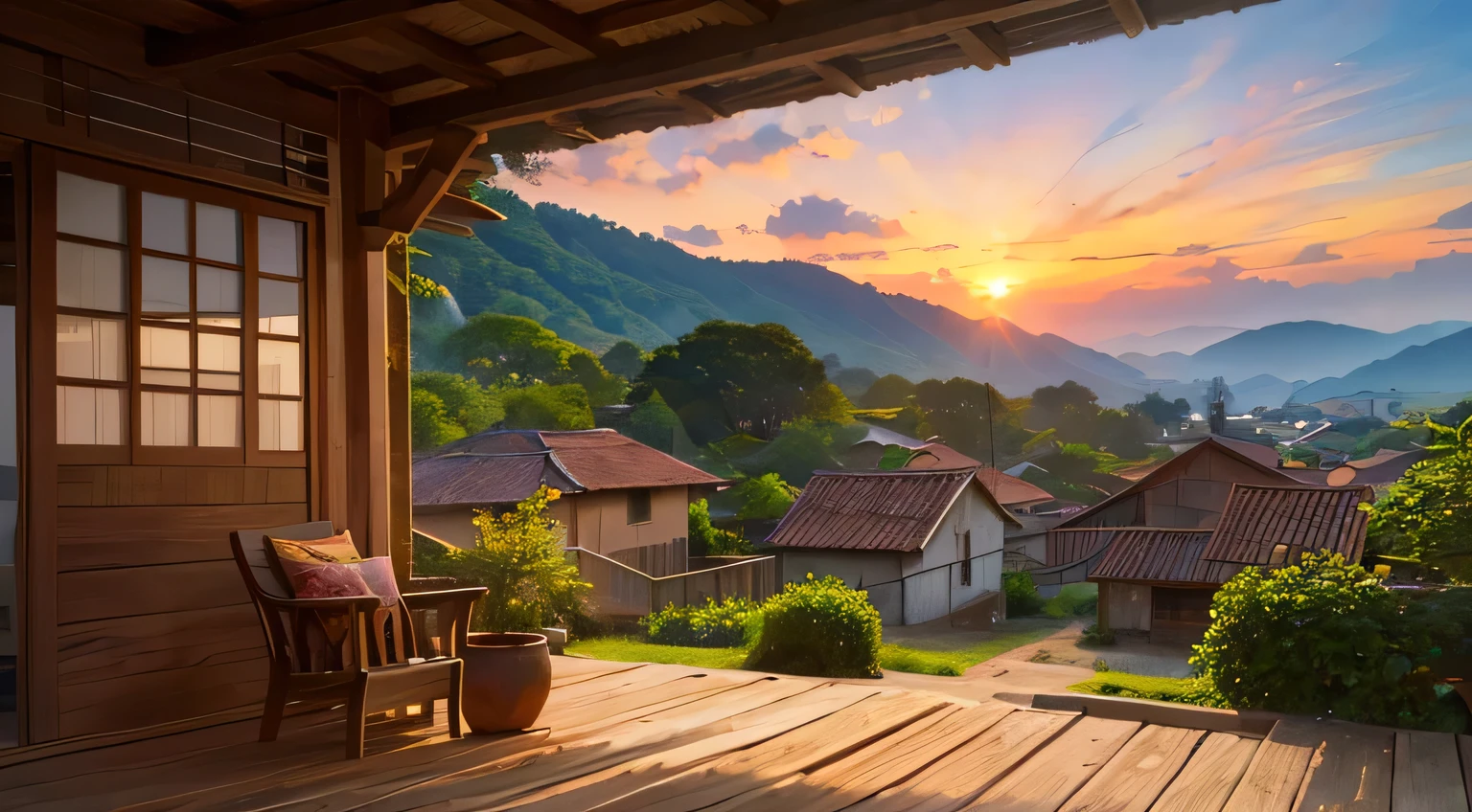 (A small village in the Brazilian countryside, with colorful wooden houses and clay roofs. The sun is setting on the horizon, painting the sky in shades of orange and pink)

(best quality,4k,8k,highres,masterpiece:1.2),ultra-detailed,(realistic,photorealistic,photo-realistic:1.37),HDR,UHD,studio lighting

village,countryside,sunset,wooden houses,clay roofs,colorful,lush greenery,sunlight,shadows,rustic charm,serene atmosphere

(picturesque,beautiful:1.2),folklore,brazilian culture,tranquil setting,homely feel,traditional architecture,cozy ambiance,authentic,local life,happiness

(vibrant colors:1.1), rustic textures,subtle details,peaceful,harmony,romantic,traditional crafts,quiet surroundings,serenity

(orange and pink hues),warm glow,long shadows,tranquil sky,soft sunlight,fading light,serene ambiance,calm,ethereal

(portraits,landscape,photography),pastoral scenery,captivating beauty,artistic,reflections,dreamlike,soulful,tropical bliss,serendipity