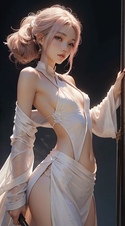 a close up of a woman with a sword in a white and pale pink seethrough silk dress, a character portrait by Yang J, trending on cgsociety, fantasy art, beautiful character painting, artwork in the style of Guweiz, Guweiz,yukata wear, flowing white robes, full body wuxia, epic exquisite character art, stunning character art, beautiful female assassin,Young super beautiful girl,Shoulders exposed skin,The belly button and the surrounding area are exposed,Flat boobs,Small breasts,Beautiful girl with slender body,Small waist,Very small ass,Very slim legs,