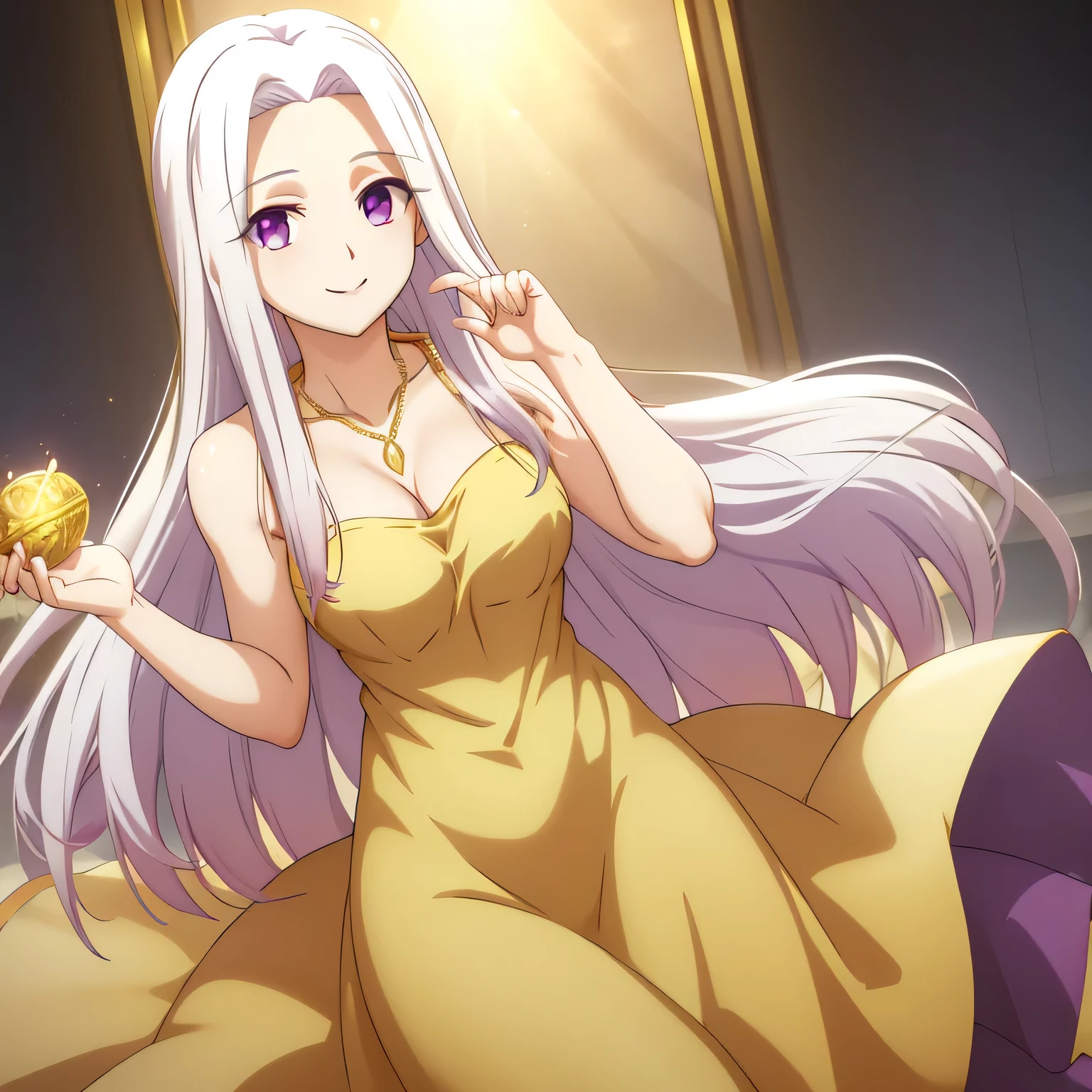 Irisviel,purple with golden dress sleeveless,solo,looking at viewer,beautiful smile,arm at side,middle size of breast,beautiful necklace,hands up with smile, 