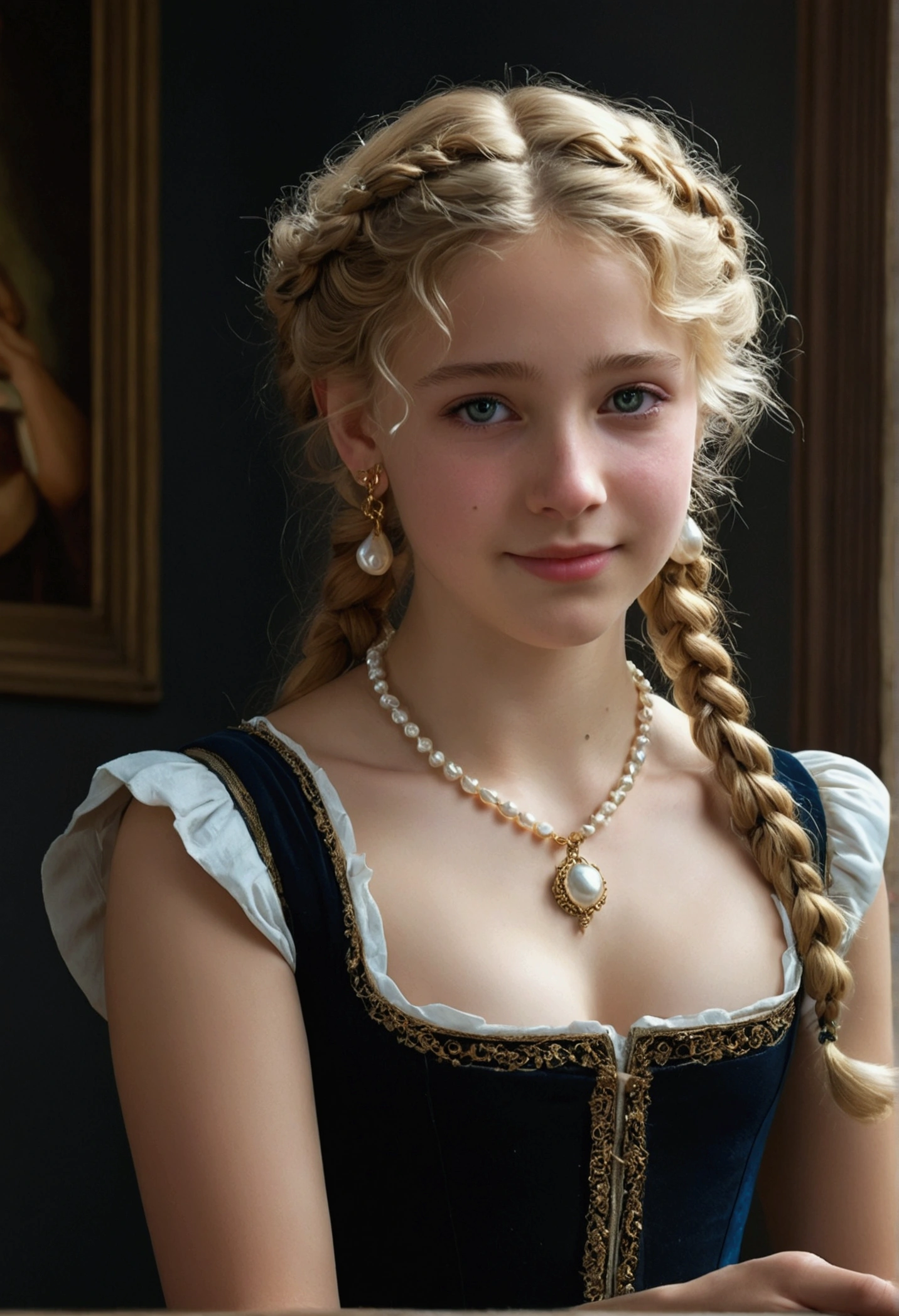 Hyperrealism, 135mm, Nikon, chiaroscuro, cinematic lighting, divine rays, cast shadow, Dutch Golden Age painting, hyperrealism, realism, neoclassicism, UHD, retina, masterpiece, precise, superdetail, high detail, high quality , award-winning, best quality, high resolution, 4K, hyper-realistic image, bright light, Image of a Valois girl, a -year-oldnch ctesan from the 16th century, with her beauty and charm. with curly blonde hair with small highlights and braids, and beautiful expressive blue eyes. She is dressed in an exquisite black dress with pearl and gold details, with a deep V-neckline. Fine jewelry, necklace with lots of pearls and rubies, pearl earrings and rings on her fingers with a book in her hand. (best quality, ultra-realistic: 1.2), high resolution, ultra-detailed, 1 girl, crying with eyes open, crying with eyes open, tears, streaming tears, barefoot, blonde hair, cosplay photo, doug, focused, lips, motion blur, photo_ (medium) long hair, smile, painting_ ( medium), foliage, dirty feet, sign, outstretched arm, sleeveless dress, full body, holding, green eyes, William Adolphe Bouguereau style.
