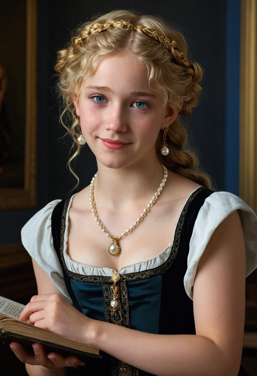 Hyperrealism, 135mm, Nikon, chiaroscuro, cinematic lighting, divine rays, cast shadow, Dutch Golden Age painting, hyperrealism, realism, neoclassicism, UHD, retina, masterpiece, precise, superdetail, high detail, high quality , award-winning, best quality, high resolution, 4K, hyper-realistic image, bright light, Image of a Valois girl, a -year-oldnch ctesan from the 16th century, with her beauty and charm. with curly blonde hair with small highlights and braids, and beautiful expressive blue eyes. She is dressed in an exquisite black dress with pearl and gold details, with a deep V-neckline. Fine jewelry, necklace with lots of pearls and rubies, pearl earrings and rings on her fingers with a book in her hand. (best quality, ultra-realistic: 1.2), high resolution, ultra-detailed, 1 girl, crying with eyes open, crying with eyes open, tears, streaming tears, barefoot, blonde hair, cosplay photo, doug, focused, lips, motion blur, photo_ (medium) long hair, smile, painting_ ( medium), foliage, dirty feet, sign, outstretched arm, sleeveless dress, full body, holding, green eyes, William Adolphe Bouguereau style.