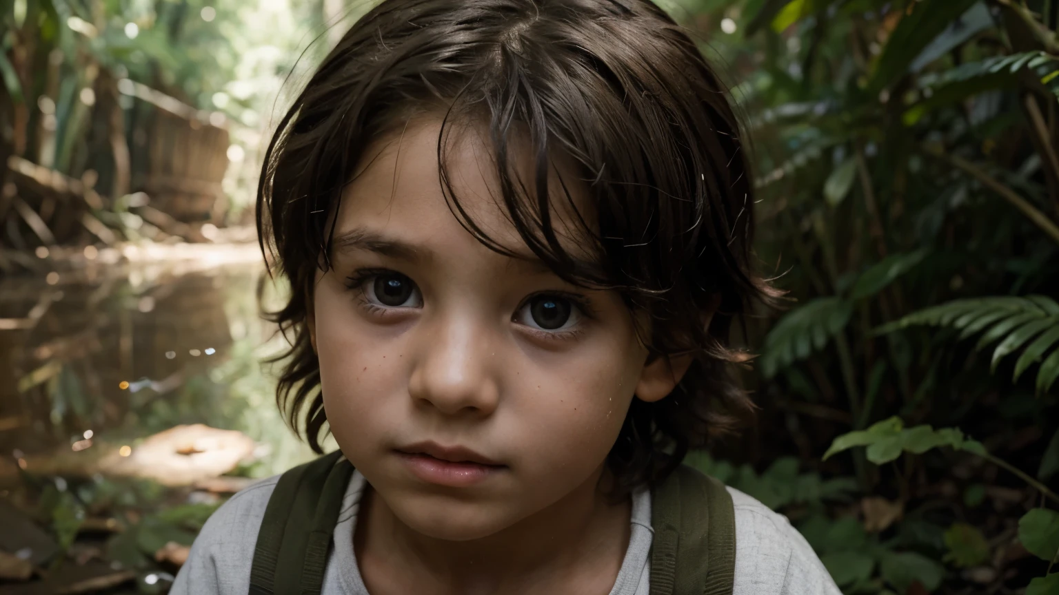 a boy small child, around 7 years old, with wide, curious eyes and tousled hair. The child's face shows a mix of awe and fear, reflecting the beauty of the jungle and their worry about being lost.