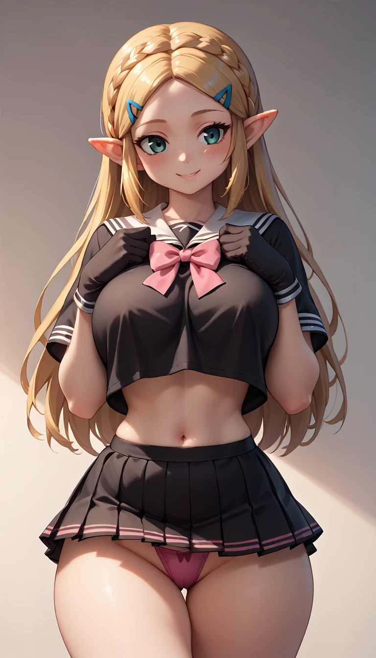 High resolution, Very detailed, perfect lighting, beautiful detailed eyes, ((masterpiece,Best Quality)), absurdities, alone, princess zelda, by the width, crown braid, Hair clip, pointy ears, Gloves without fingers, black gloves, smile, curves, nod, , deep neckline, deep neckline, black school uniform with white details,short skirt, visible underwear, pink thong, black uniform, black shirt with pink bow, touching her breasts in a sexy way, close up 