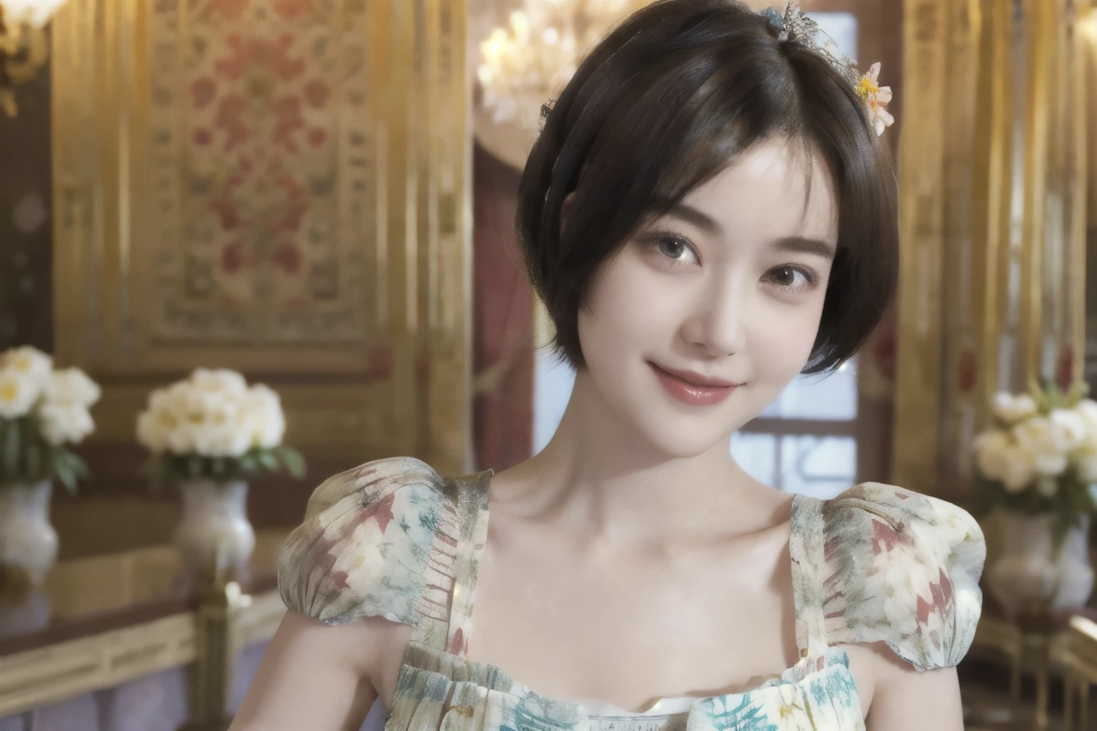 267 (20-year-old princess,Are standing), (Tabletop), ((short hair:1.46)), (chest:1.46), Old-fashioned smile, (Floral Dress:1.46), (Majestic Palace:1.46) 80