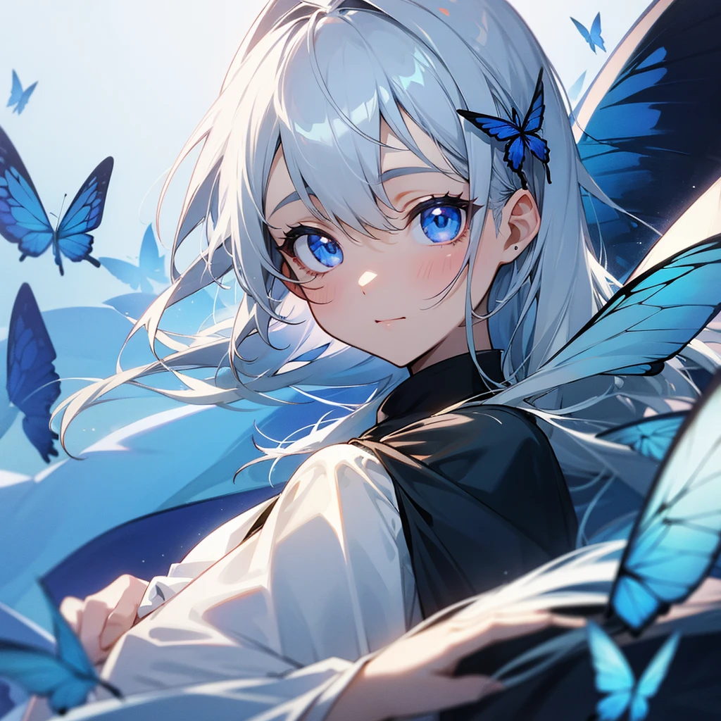 Gray Hair、girl、whole body、blue eyes、magic、butterfly々