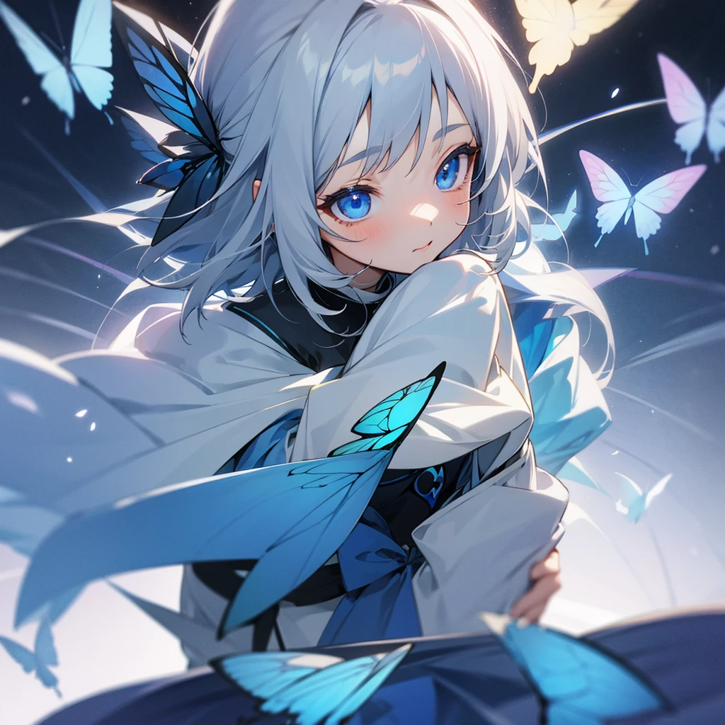 Gray Hair、girl、whole body、blue eyes、magic、butterfly々
