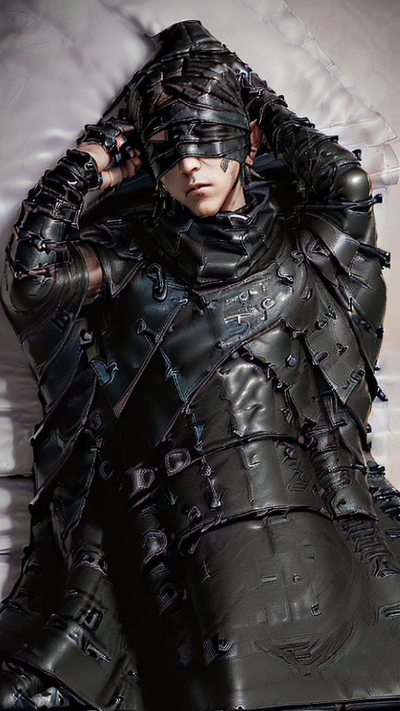 ((Final Fantasy taste reality graphics)), ((young, cute and cool ikemen  boy)),(((1 boy))),,his age is early 20s, thin eyebrows and beady eyes, (((((boy in the black leather mummy style sleeping bag))))),(((((boys posture is stand and attention))))), ((((boy is put hands down,and close legs)))),(((((sleeping bag is very tight-fitting))))), ((((boy laid down on the bed)))),(((((bed is white sheets))))),(((((boy put on black leather and human muzzle mask,all covered from under the nose-to-chin))))),(((((also put on leather blindfold, ))))), (((((mask and blindfold Fixed to the face, with multiple leather belts))))),(((((views head-to-toe))))),((((((Everything except the head is wrapped in a sleeping bag)))))),(((((hand on hips)))))