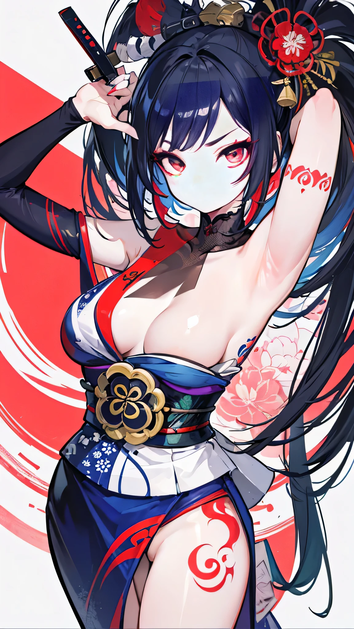 A professional drawing with colored pencils. A very tattooed geisha, with a strange expression and a big knife in his hand. Japanese and European style. Well nuanced colors, contrasting colors. Some graffiti style and vector art. ((The best quality))