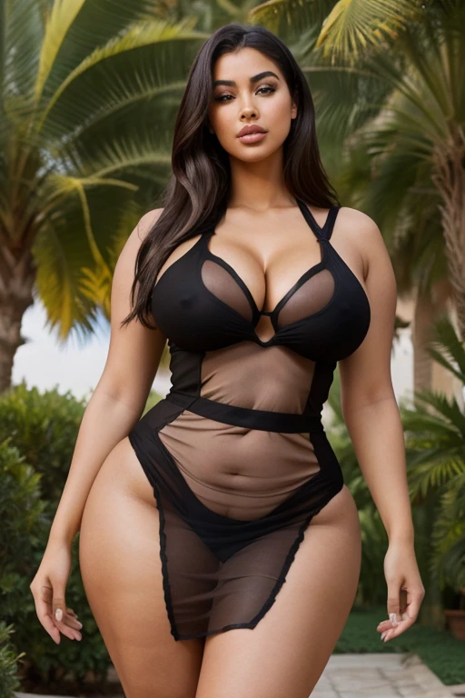 Sexy Moroccan beautiful girl, 28 years old , in transparent net short tight dress , big breast(1.2),big ass(1.5), wide hips , thick thighs , sexy pose , black dress , 4k realistic, plus size body , extra largebody , XXL body , curvaceous, seductive, cleavage,prominent cheekbones, being naked inside the dress
