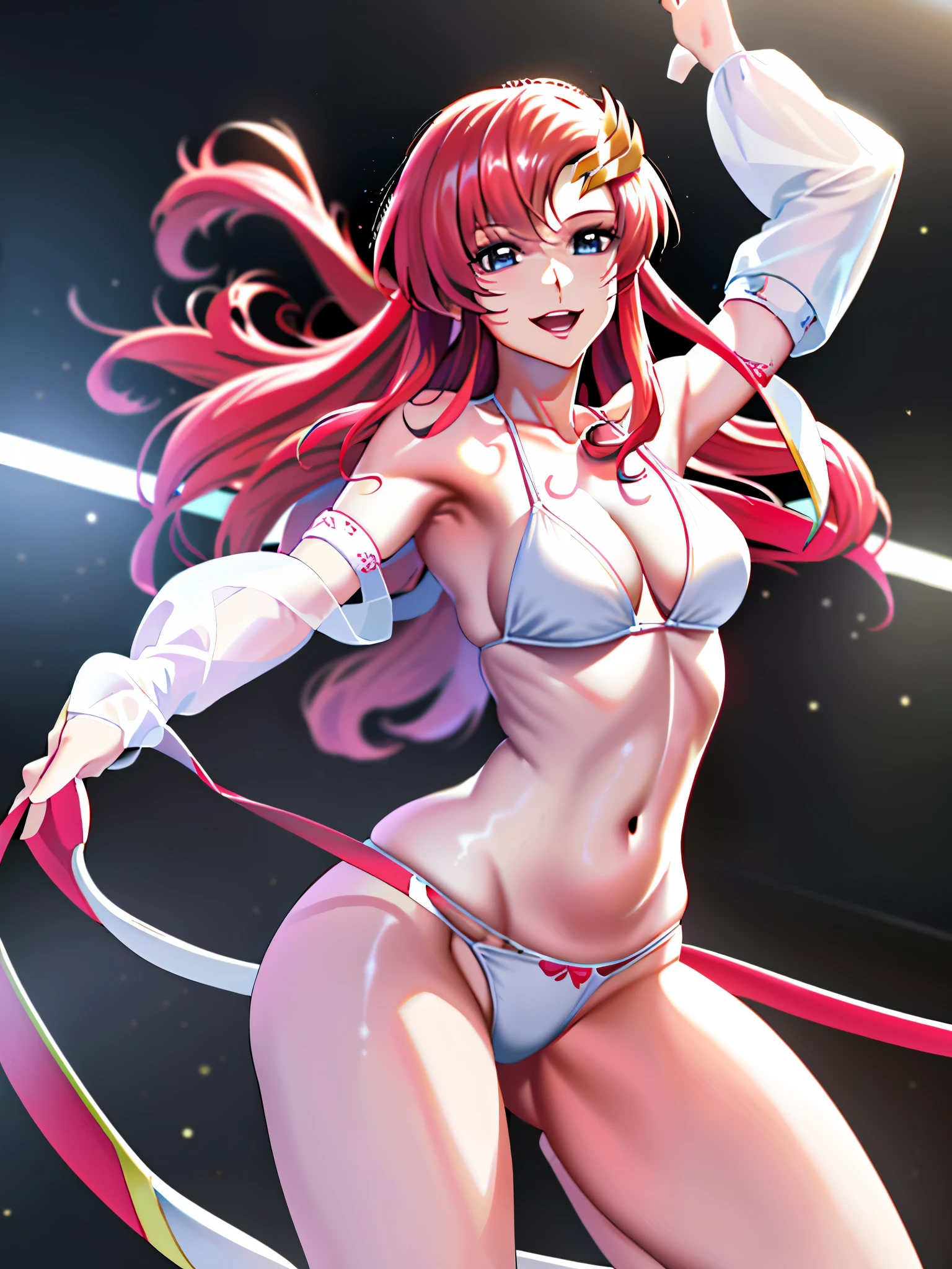 Armpit Show,(Tabletop, 4K, Highest quality, anime style: 1.9, (alone), expensive色彩彩度, (Wrestling ring background, Wrestling Stage), Detailed face, expensive, Adult female, cute, (White Background), High resolution, anime, Lacus 4. (White micro bikini with pink design), One Girl, alone, Curvaceous figure, Long Hair, clavicle, Scapula, Wavy Hair, Wide bangs with attention to detail, hair ornaments, Detailed reddish pink hair, Cleavage, Clenched fist, Big Hands, White fingerless gloves, Big Blue Eyes, Off the shoulder, (White elbow pads), Medium chest, smile, Open your mouth wide, slender belly, Abdominal line, Detailed abdomen, Very slim belly, Dancing, very happy